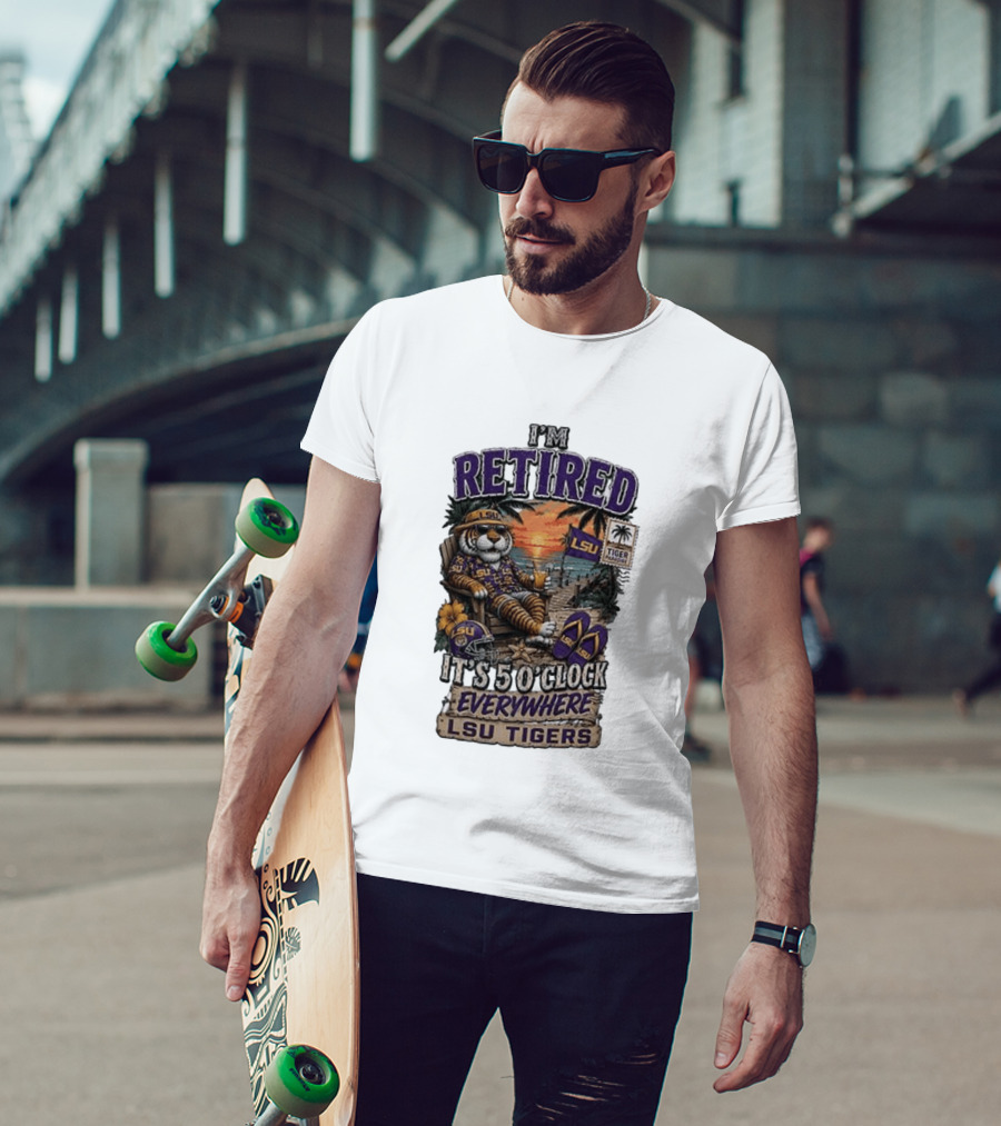 LSU Tigers I'm Retired It's 5 O' Everywhere Beach Relaxation With Palm Trees And Sunset T-Shirt