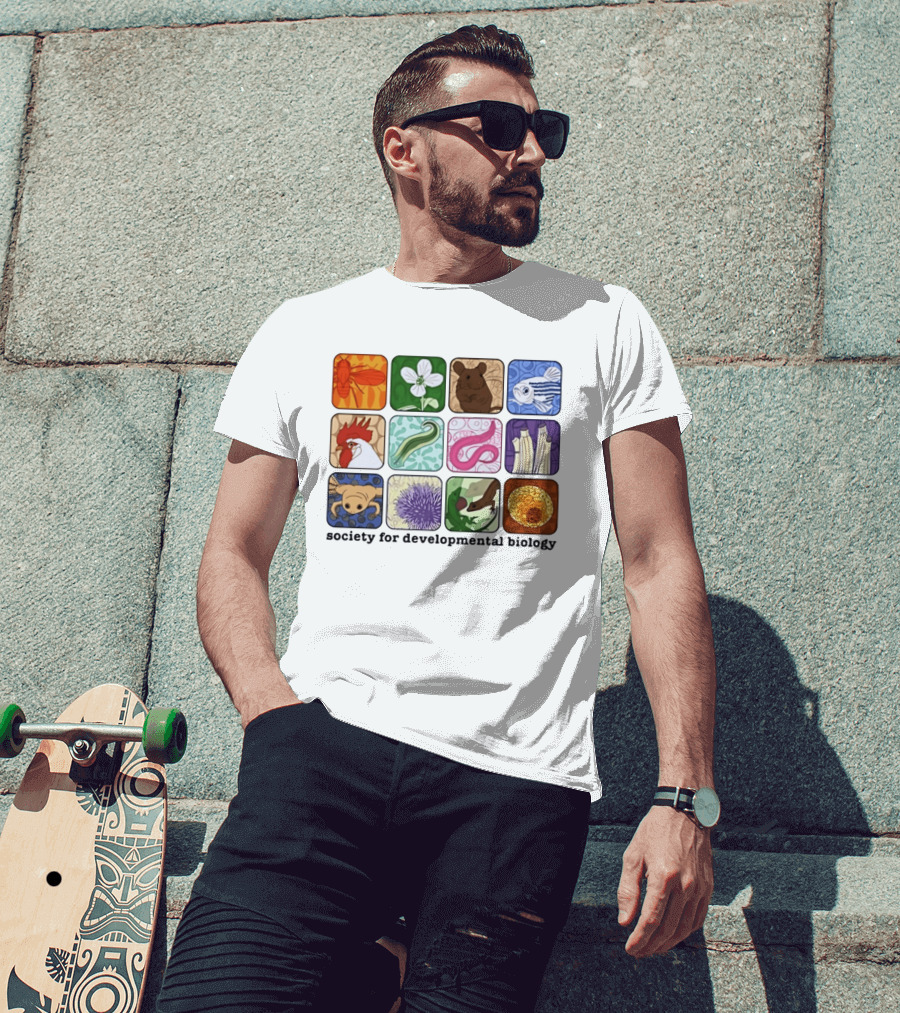 Society For Developmental Biology Model Organisms Collage Fly Plant Mouse Fish Chicken Worm Frog Plant Embryo Egg Cell T-Shirt