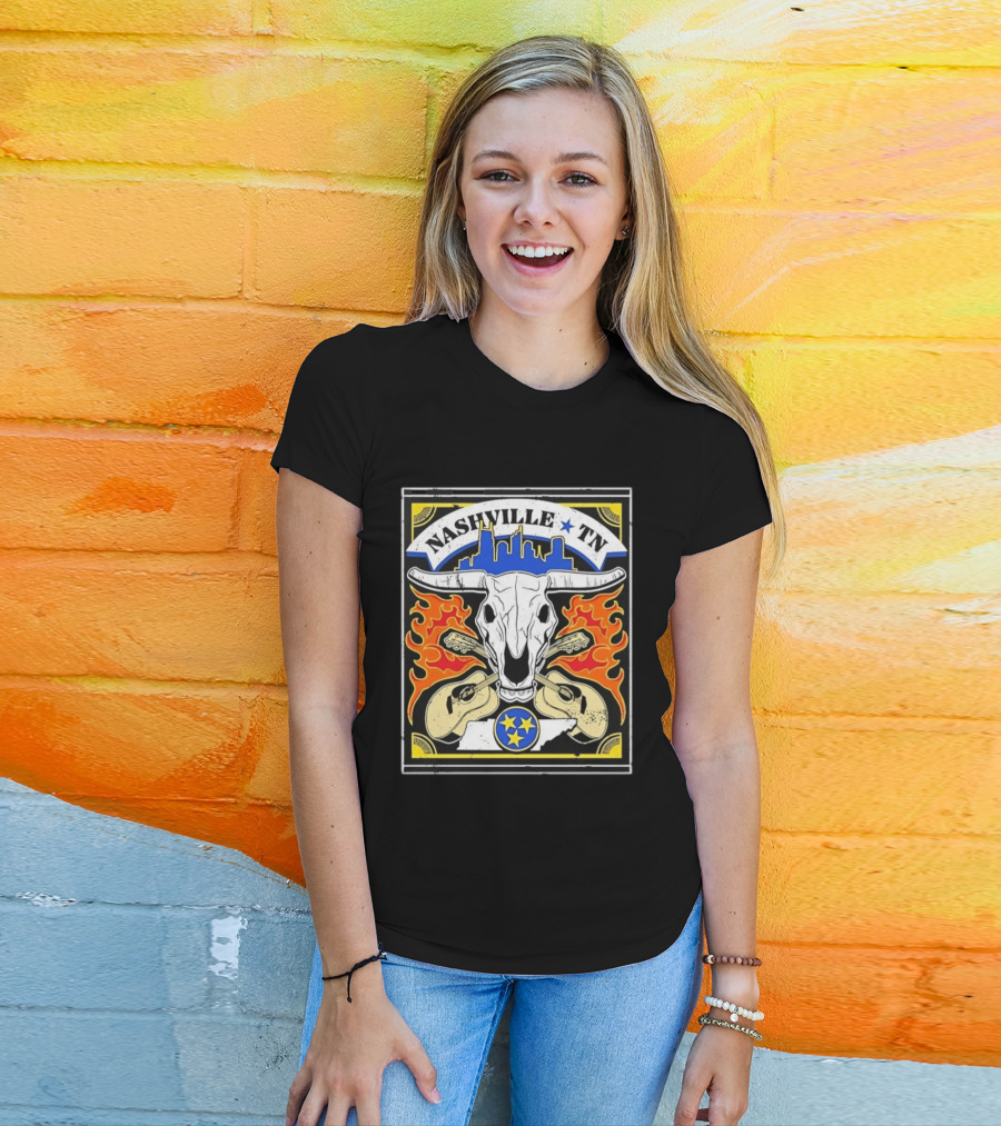Nashville TN Cow Skull Guitars Flames Skyline Blue Star T-Shirt