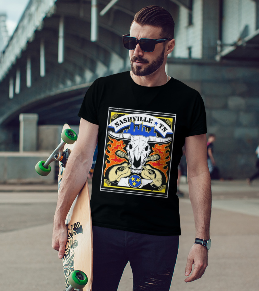 Nashville TN Cow Skull Guitars Flames Skyline Blue Star T-Shirt