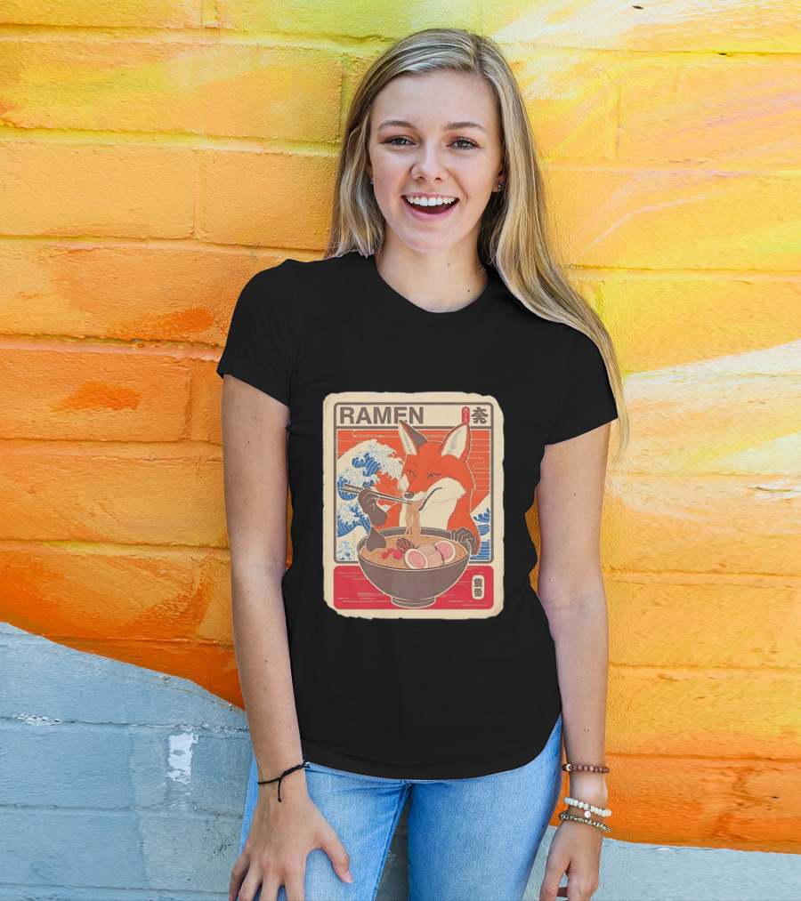 Fox Eating Ramen With Japanese Wave T-Shirt