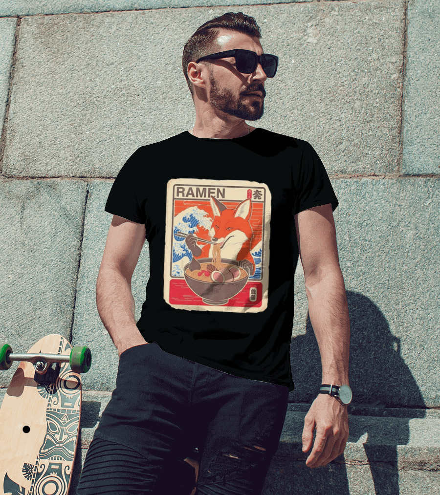 Fox Eating Ramen With Japanese Wave T-Shirt