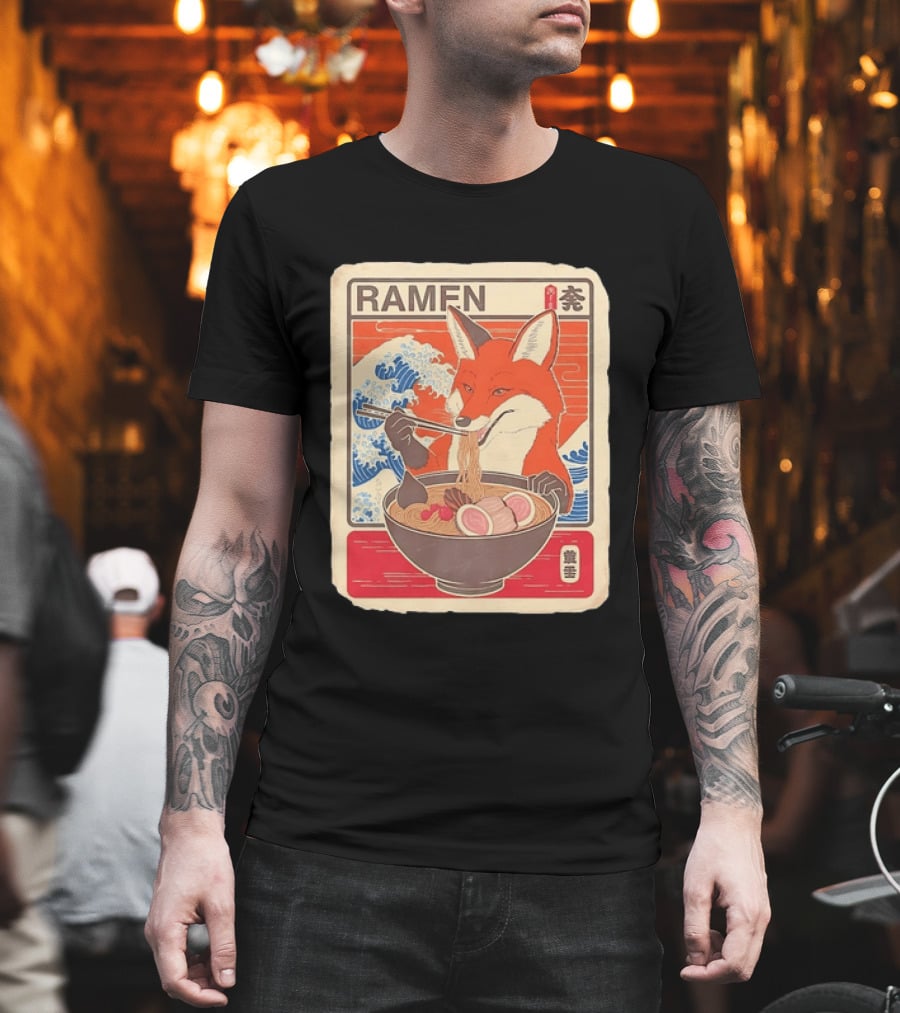 Fox Eating Ramen With Japanese Wave T-Shirt