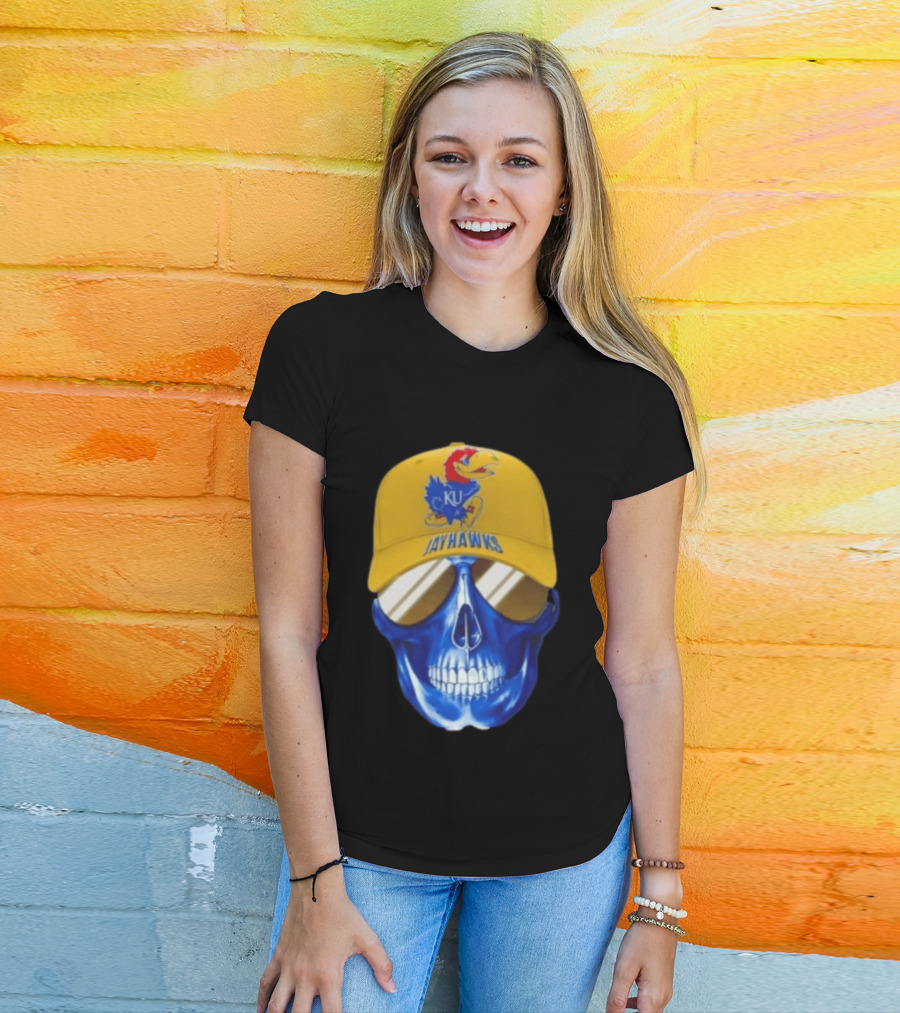 Kansas Jayhawks Skull Cap Fans Wear KU Jayhawks Edition T-Shirt
