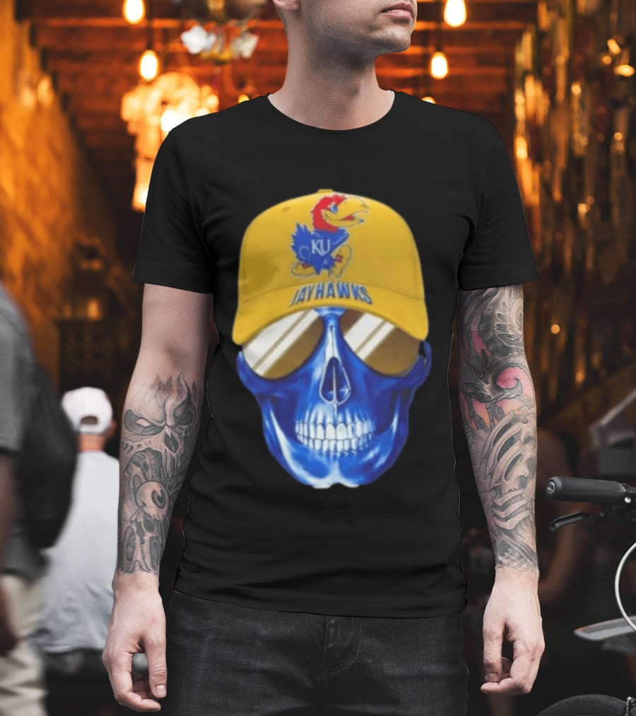 Kansas Jayhawks Skull Cap Fans Wear KU Jayhawks Edition T-Shirt