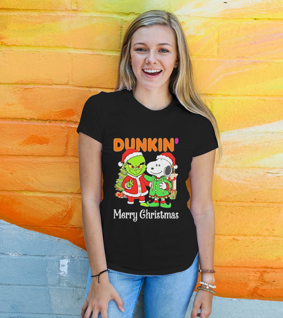 Dunkin Merry Christmas Grinch Snoopy Santas T-Shirt