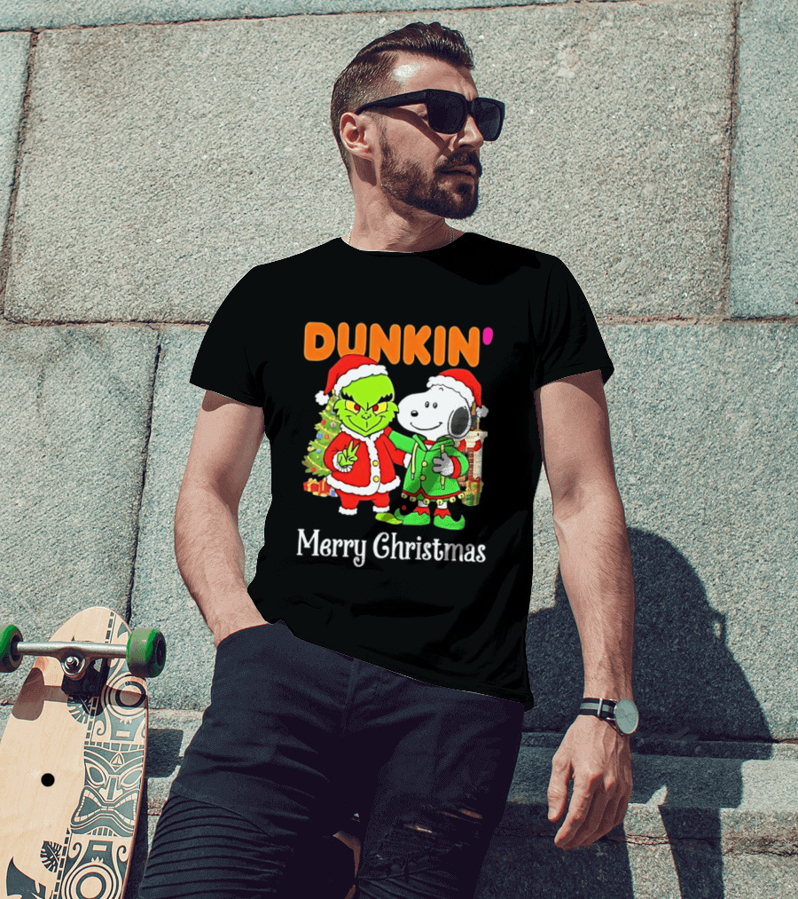 Dunkin Merry Christmas Grinch Snoopy Santas T-Shirt