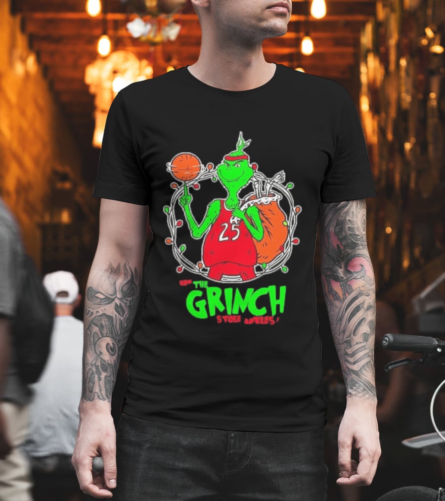 The Grinch Basketball Christmas Lights Jersey 25 Stole Ankles Green T-Shirt
