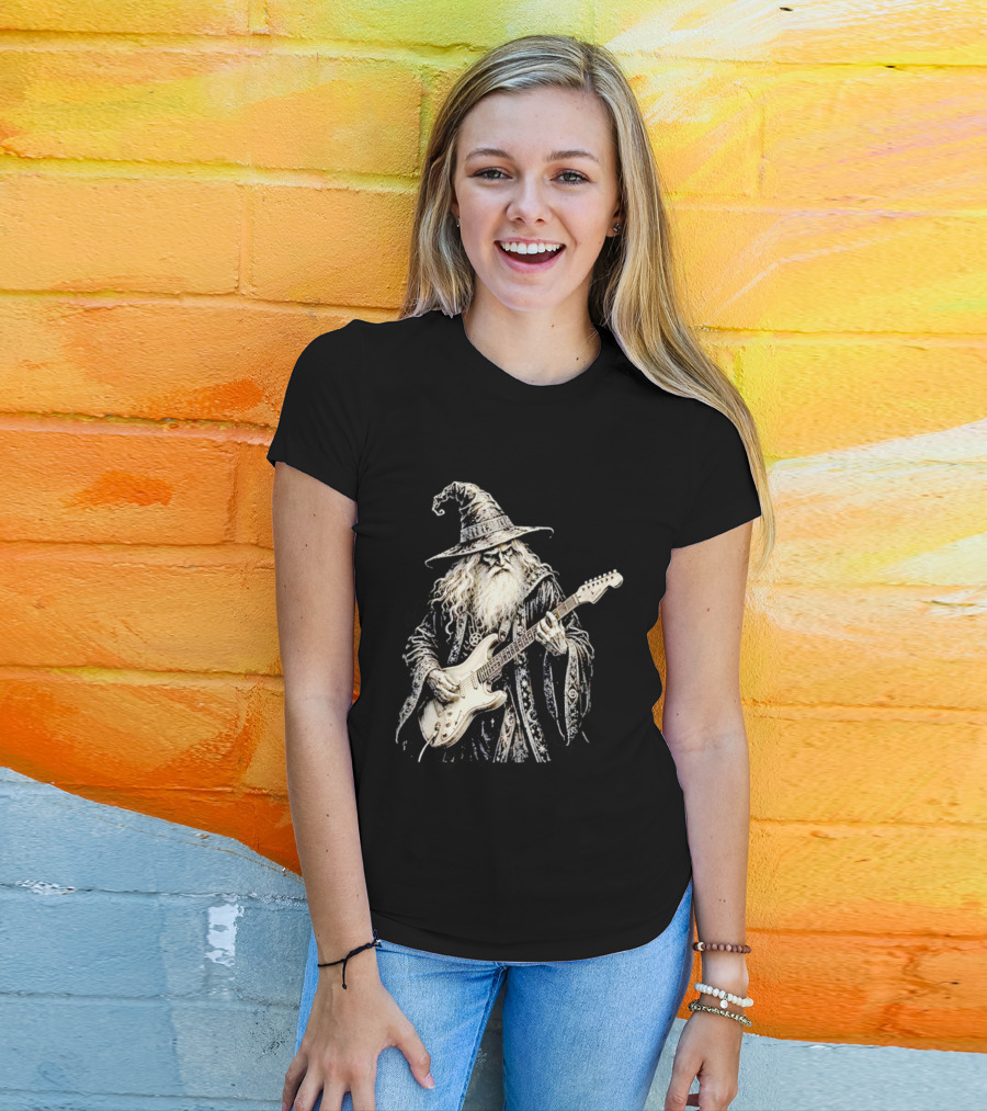 Wizard Playing Electric Guitar Fantasy Musician Magical Rock Legend T-Shirt