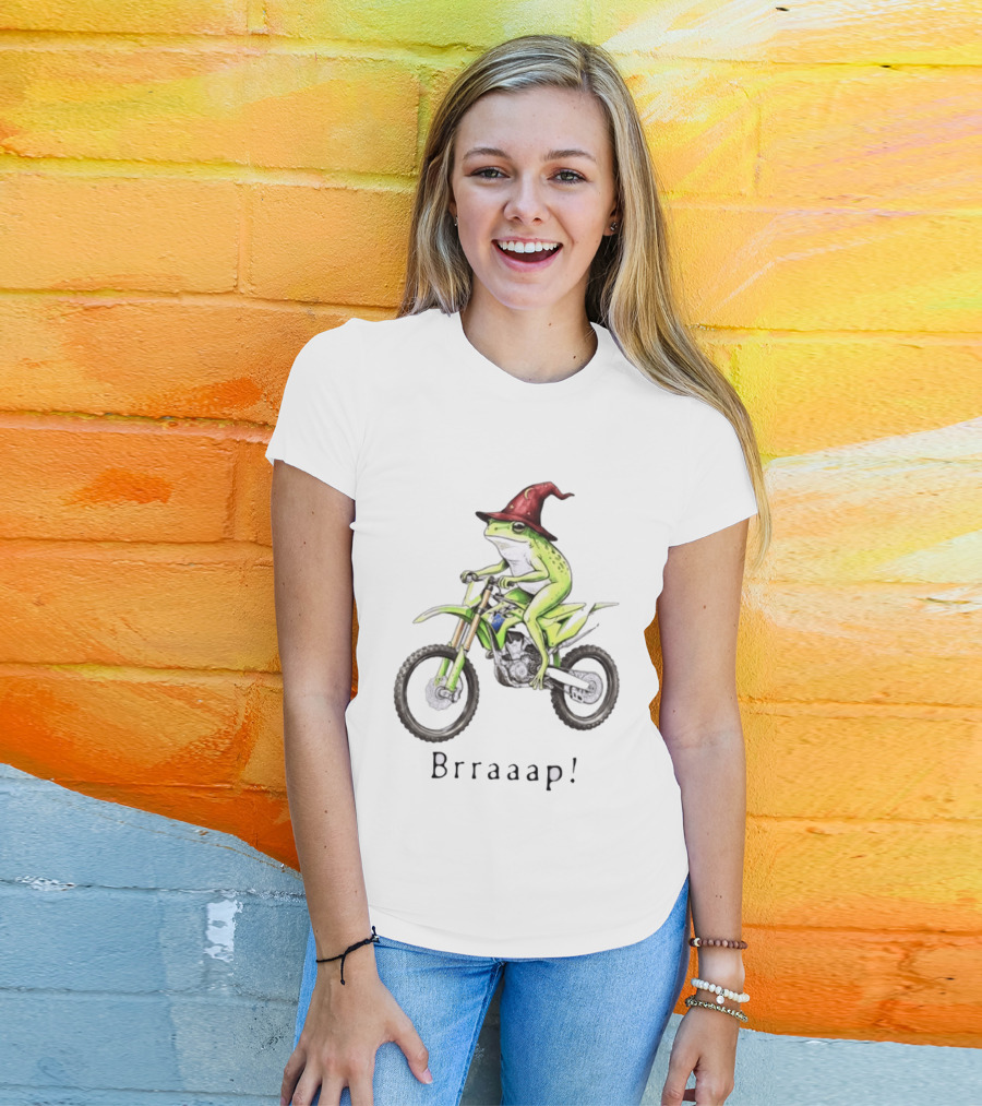 Brraaap Wizard Frog On Green Motocross Bike T-Shirt