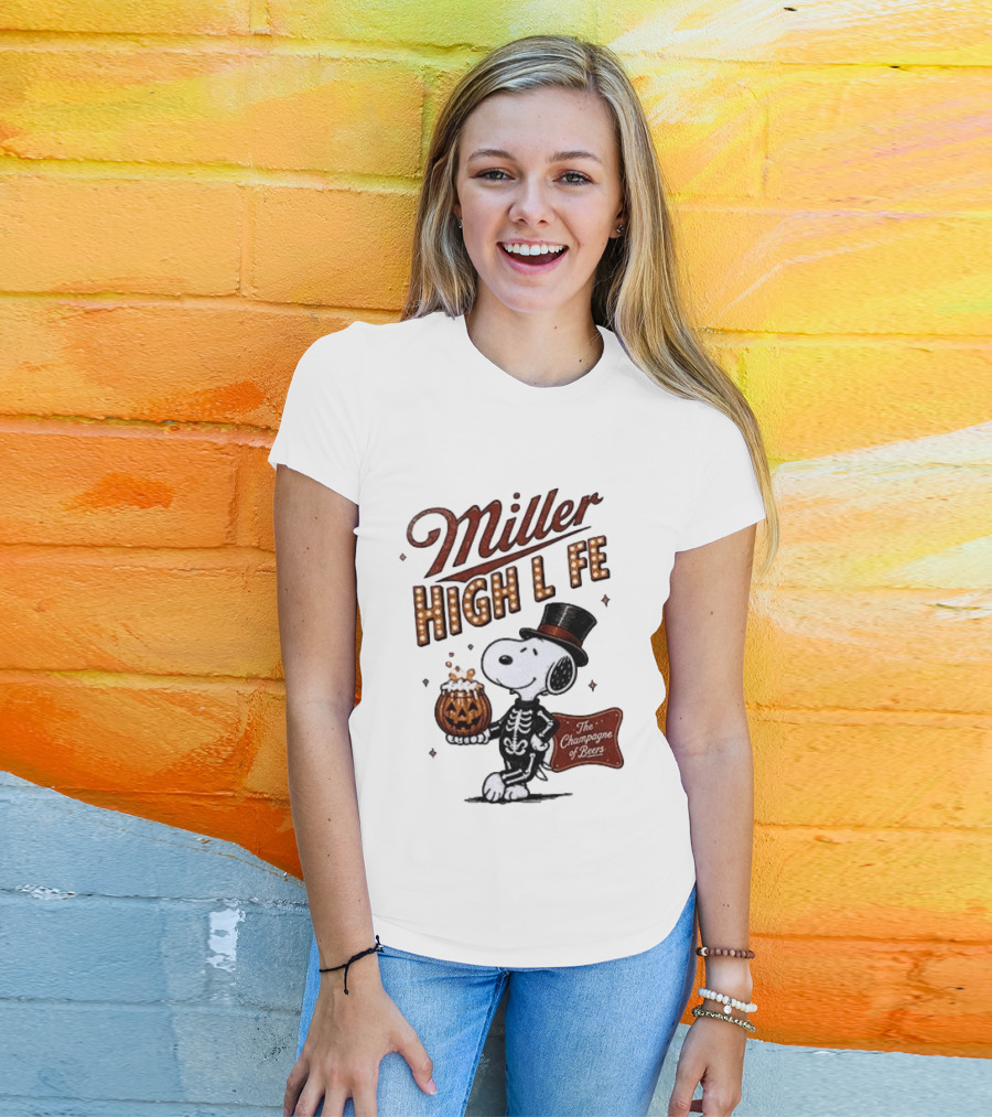 Miller High Life Snoopy Skeleton Halloween The Champagne Of Beers T-Shirt