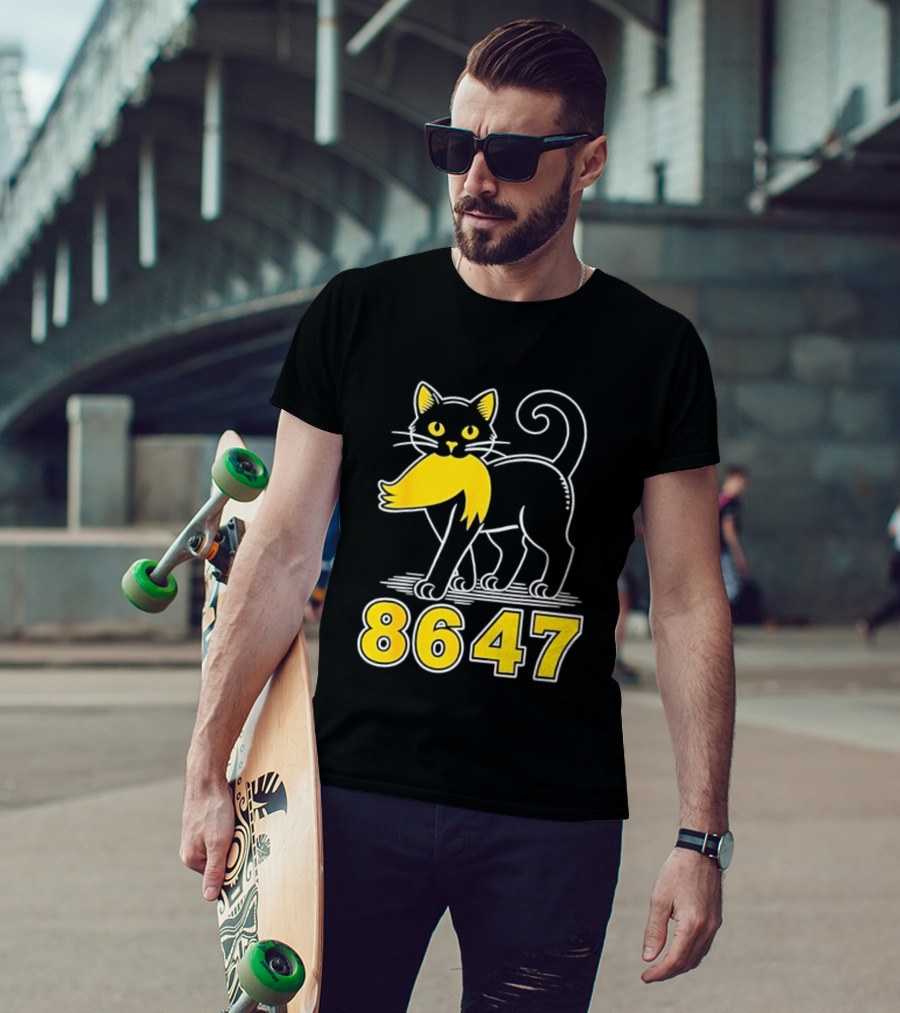 Black Cat 8647 Feline With Yellow Mustache T-Shirt