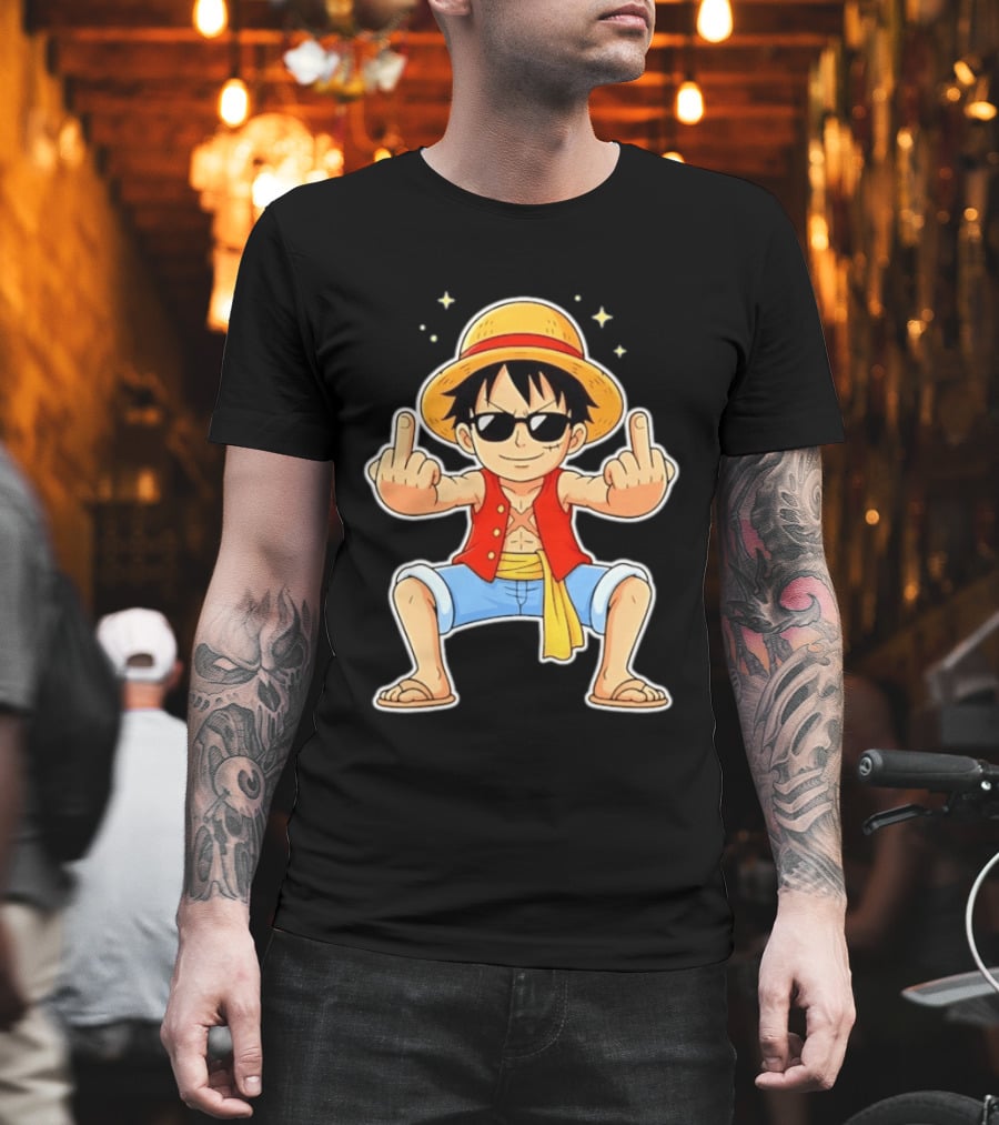 Monkey D Luffy Sunglasses Middle Finger Gesture Anime T-Shirt