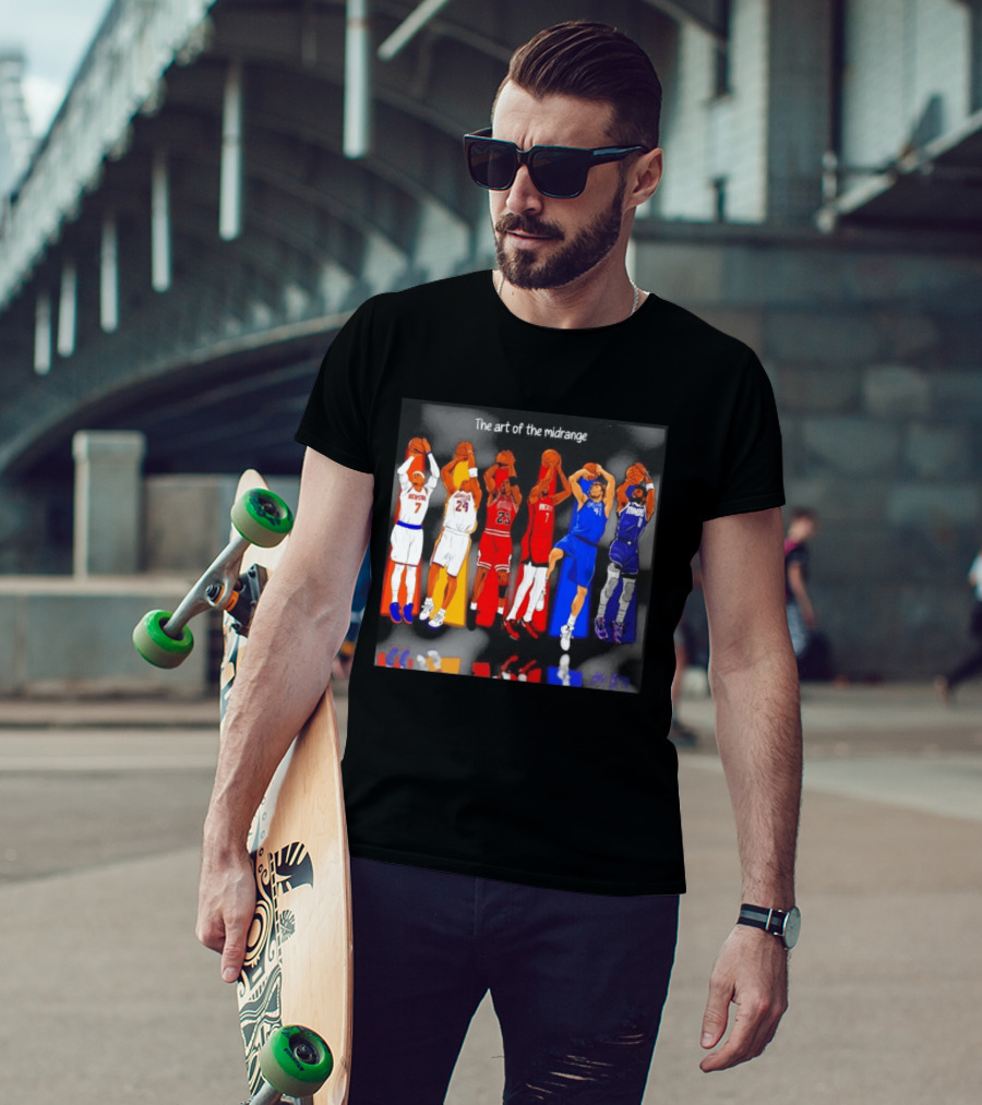 The Art Of The Midrange Basketball Legends Collage Knicks Lakers Bulls Rockets Mavericks T-Shirt