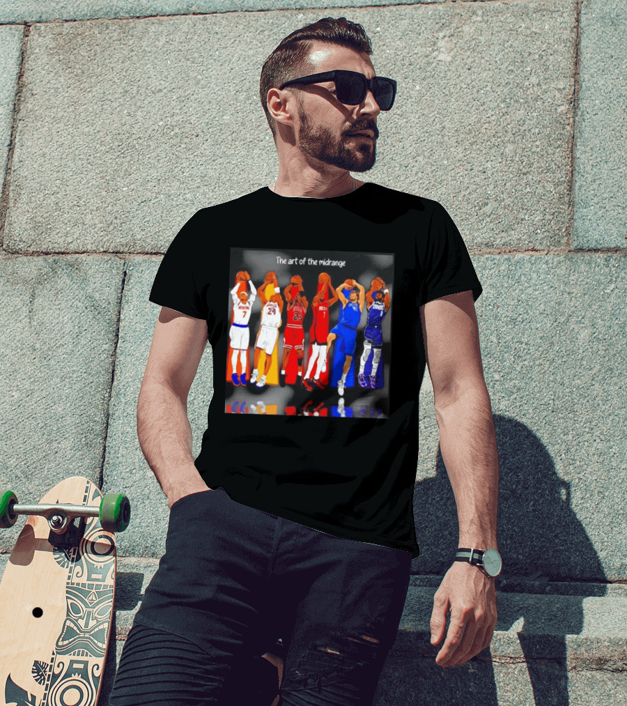 The Art Of The Midrange Basketball Legends Collage Knicks Lakers Bulls Rockets Mavericks T-Shirt