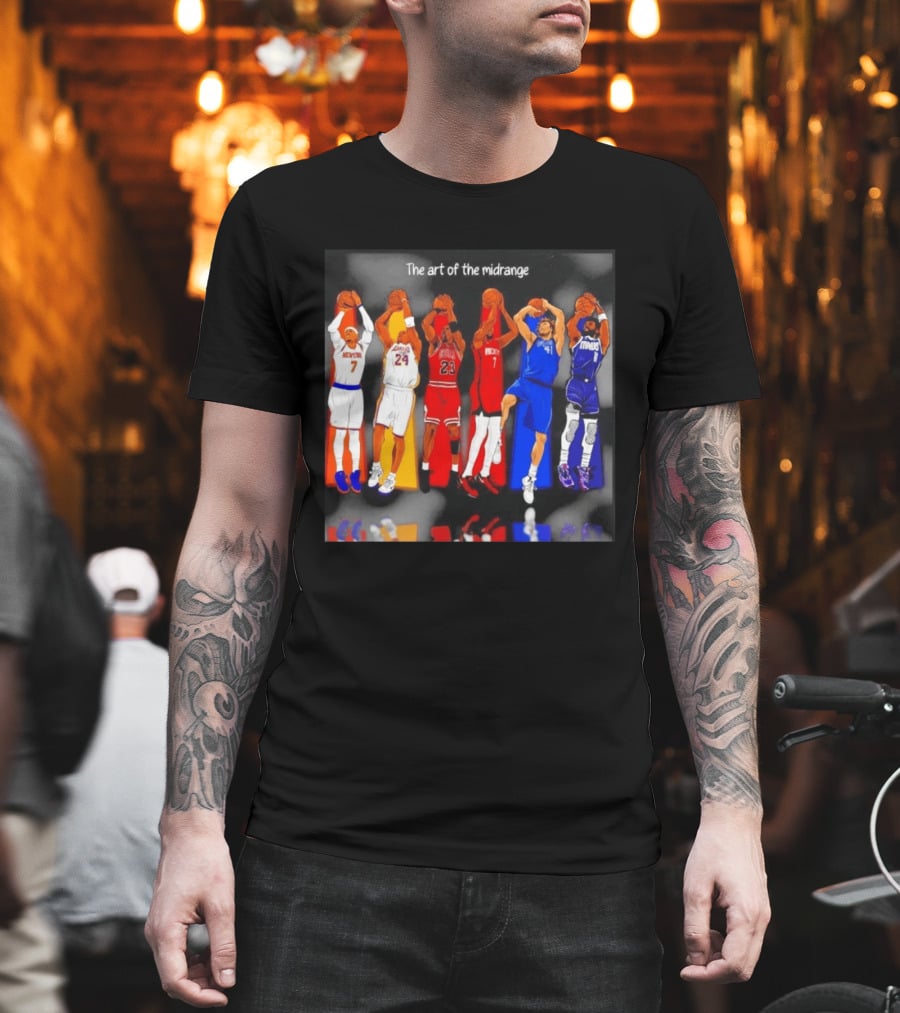 The Art Of The Midrange Basketball Legends Collage Knicks Lakers Bulls Rockets Mavericks T-Shirt