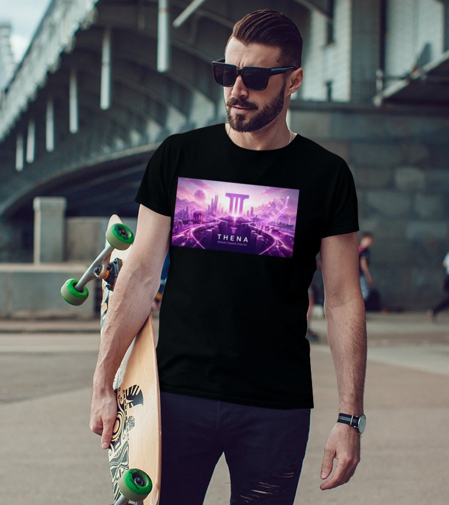 Thena Rebuild Expand Execute Futuristic Cityscape With Purple Skyline And Skyscrapers T-Shirt