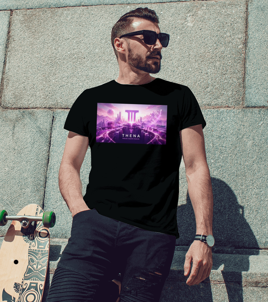 Thena Rebuild Expand Execute Futuristic Cityscape With Purple Skyline And Skyscrapers T-Shirt