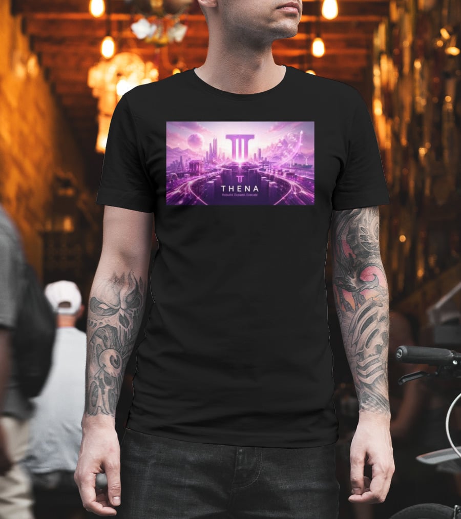 Thena Rebuild Expand Execute Futuristic Cityscape With Purple Skyline And Skyscrapers T-Shirt
