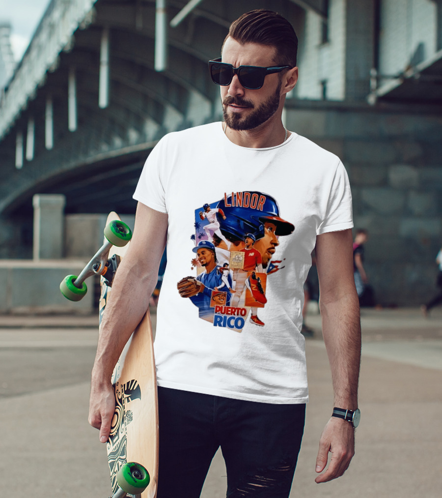 Francisco Lindor Puerto Rico New York Mets Baseball Legend Blue And Orange Helmet Dynamic Action Moves T-Shirt
