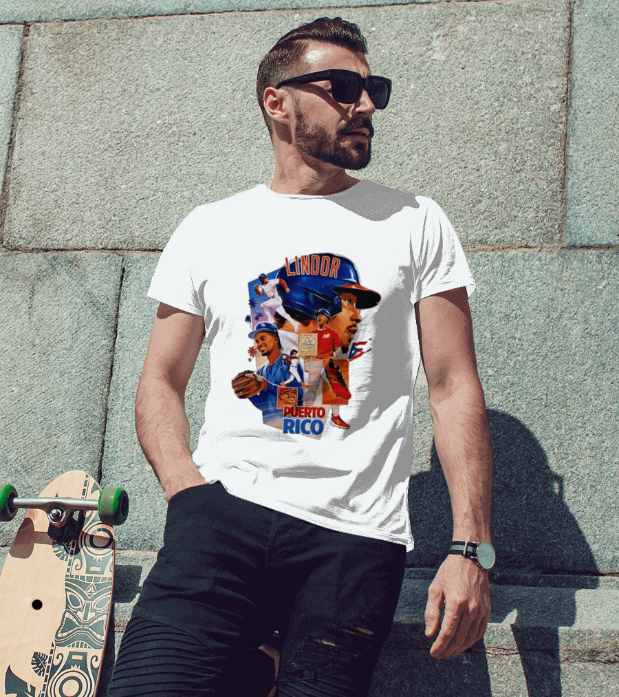 Francisco Lindor Puerto Rico New York Mets Baseball Legend Blue And Orange Helmet Dynamic Action Moves T-Shirt