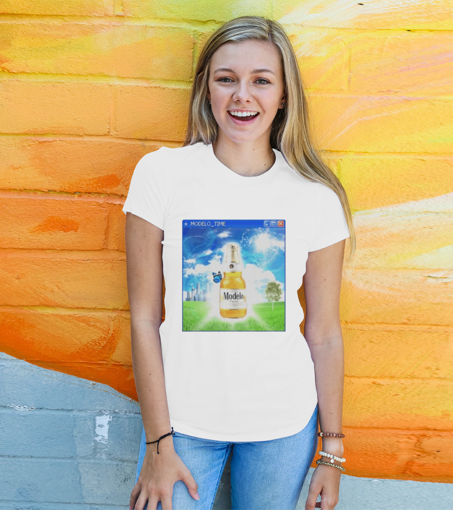 Modelo Time Frutiger Aero Aesthetic Butterfly Bottle Clouds Cityscape T-Shirt