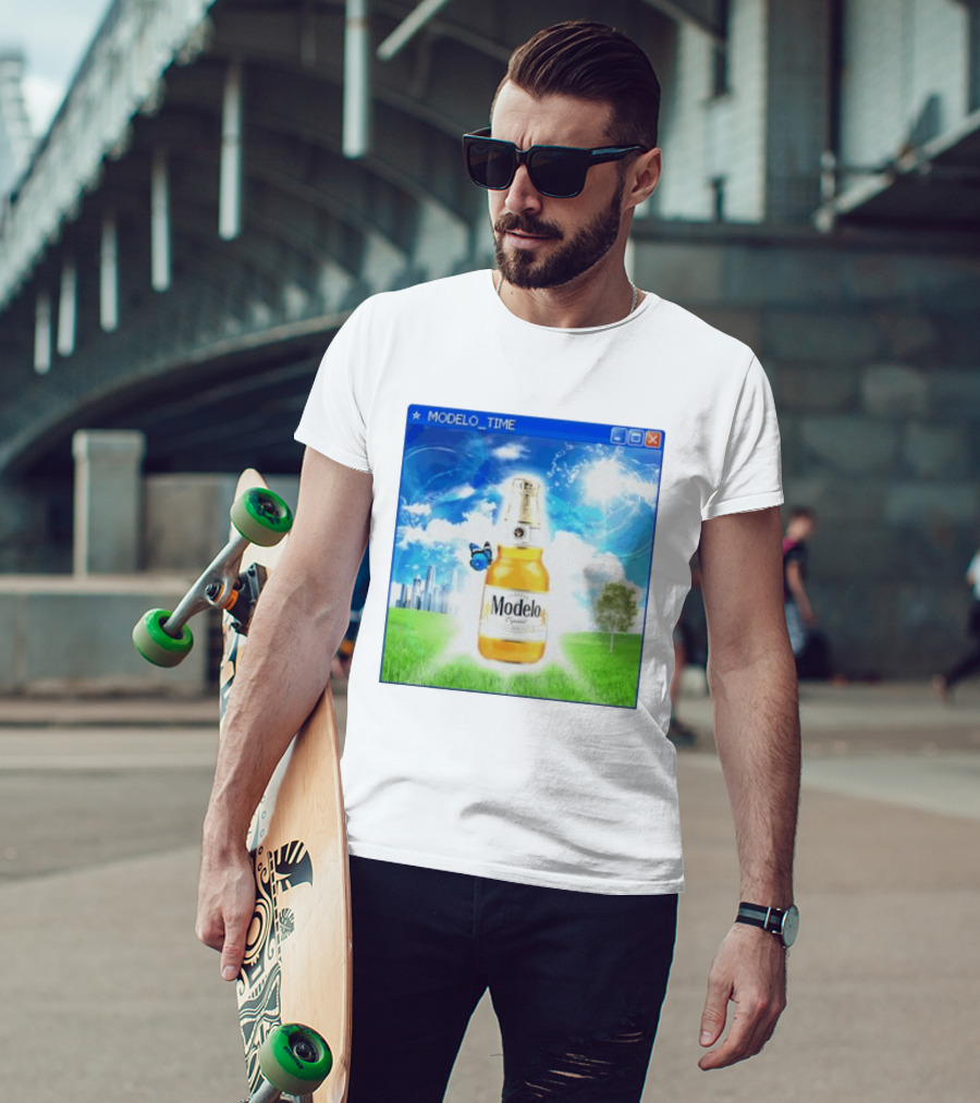 Modelo Time Frutiger Aero Aesthetic Butterfly Bottle Clouds Cityscape T-Shirt