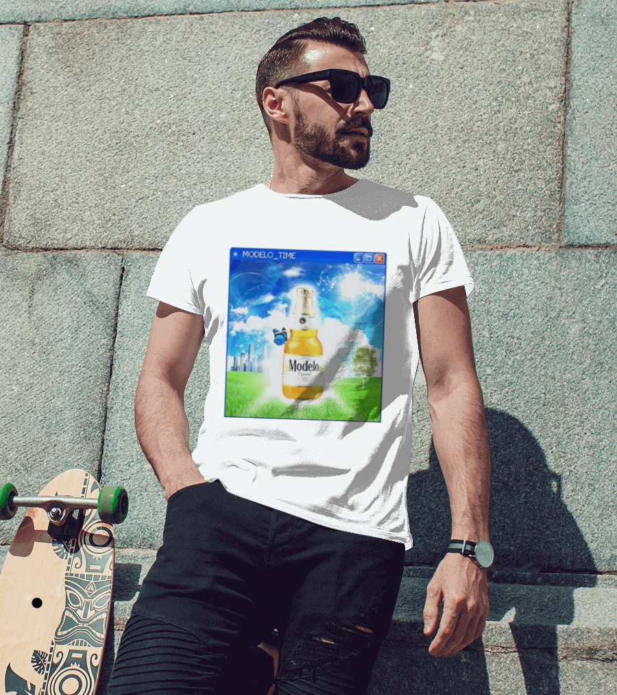 Modelo Time Frutiger Aero Aesthetic Butterfly Bottle Clouds Cityscape T-Shirt