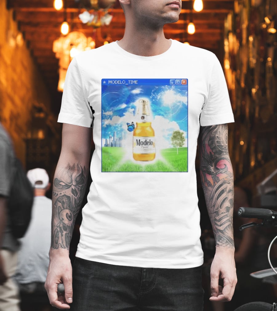 Modelo Time Frutiger Aero Aesthetic Butterfly Bottle Clouds Cityscape T-Shirt