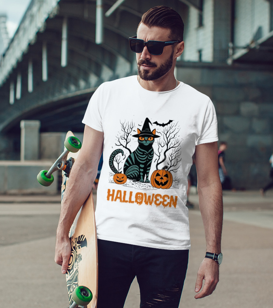 Halloween Skeleton Cat Witch Hat Pumpkins Spooky Forest Scene T-Shirt