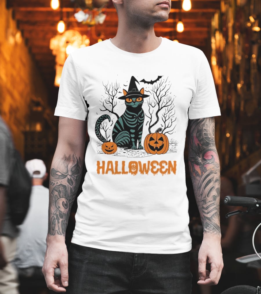 Halloween Skeleton Cat Witch Hat Pumpkins Spooky Forest Scene T-Shirt