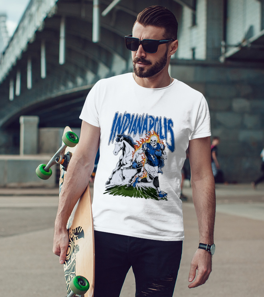 Indianapolis Football Skull And Horse Sports Flame Player Running T-Shirt
