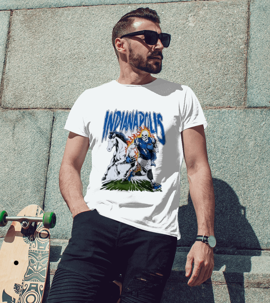 Indianapolis Football Skull And Horse Sports Flame Player Running T-Shirt