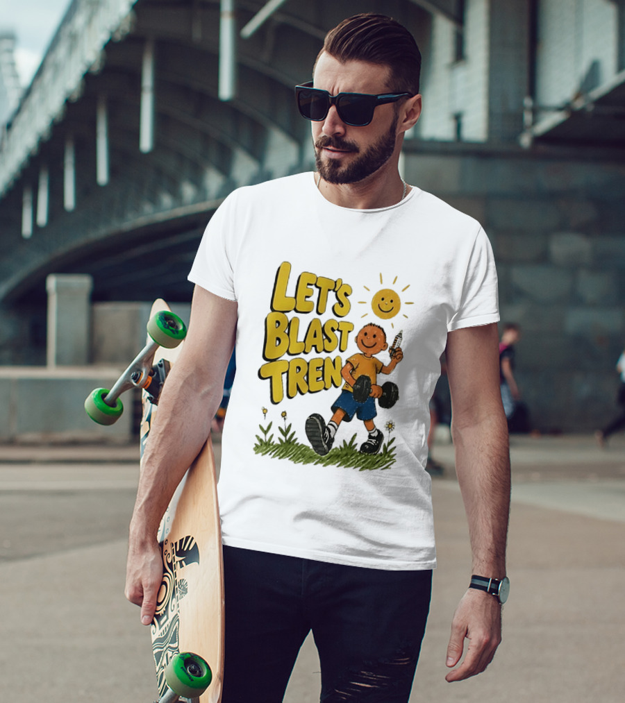 Let's Blast Tren Bodybuilding Fitness Workout Cartoon Dumbbell Sun T-Shirt