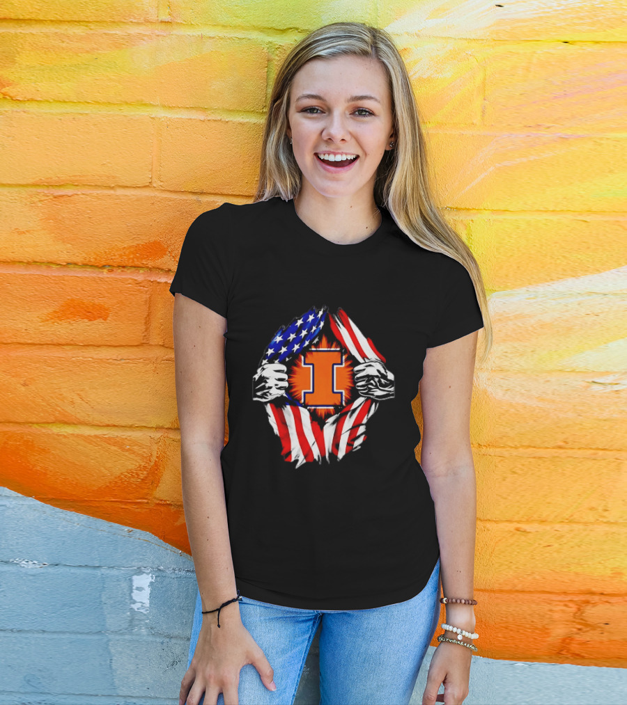 Illinois Fighting Illini I Letter American Flag Patriotic Rip T-Shirt