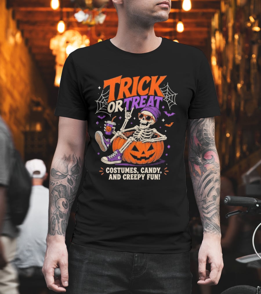 Skeleton Trick Or Treat Costumes Candy And Creepy Fun Halloween Party T-Shirt