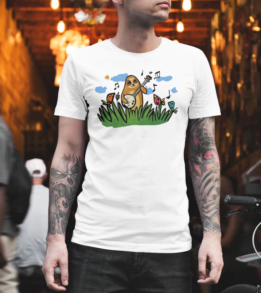 Sloth Happy Playing The Banjo With Singing Birds T-Shirt