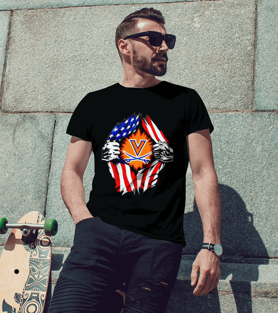 Virginia Cavaliers American Flag Ripped Chest V T-Shirt