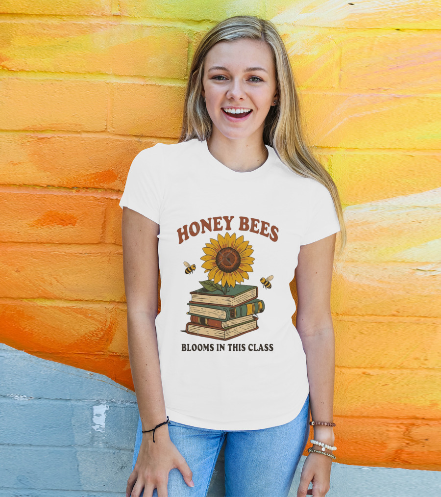 Honey Bees Blooms In This Class Sunflower And Books T-Shirt