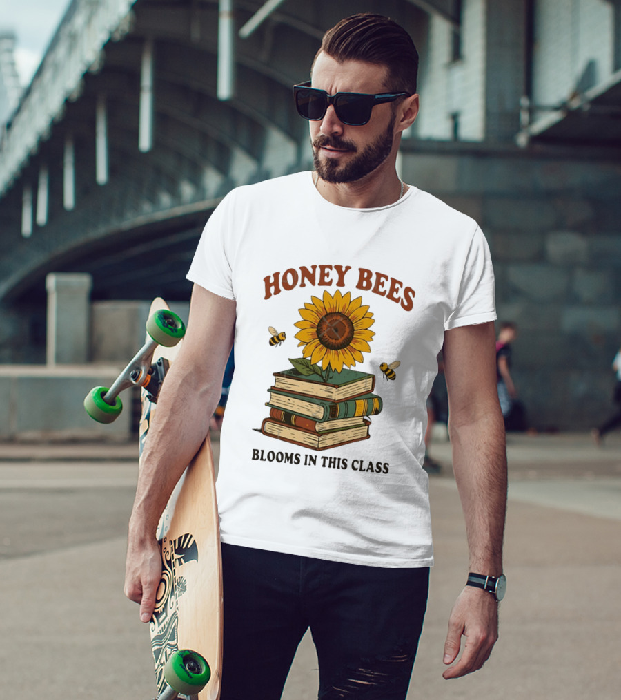 Honey Bees Blooms In This Class Sunflower And Books T-Shirt