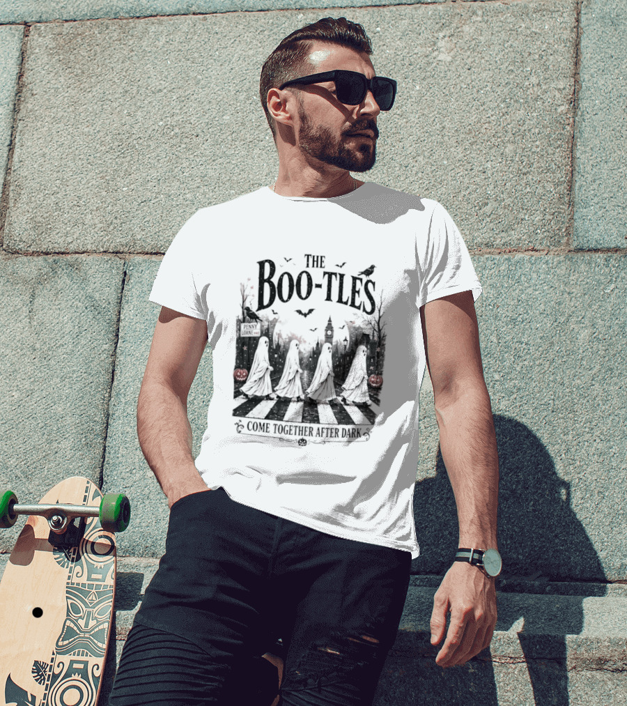 The Boo Tles Come Together After Dark Halloween Ghostly Abbey Road Bats Pumpkins T-Shirt