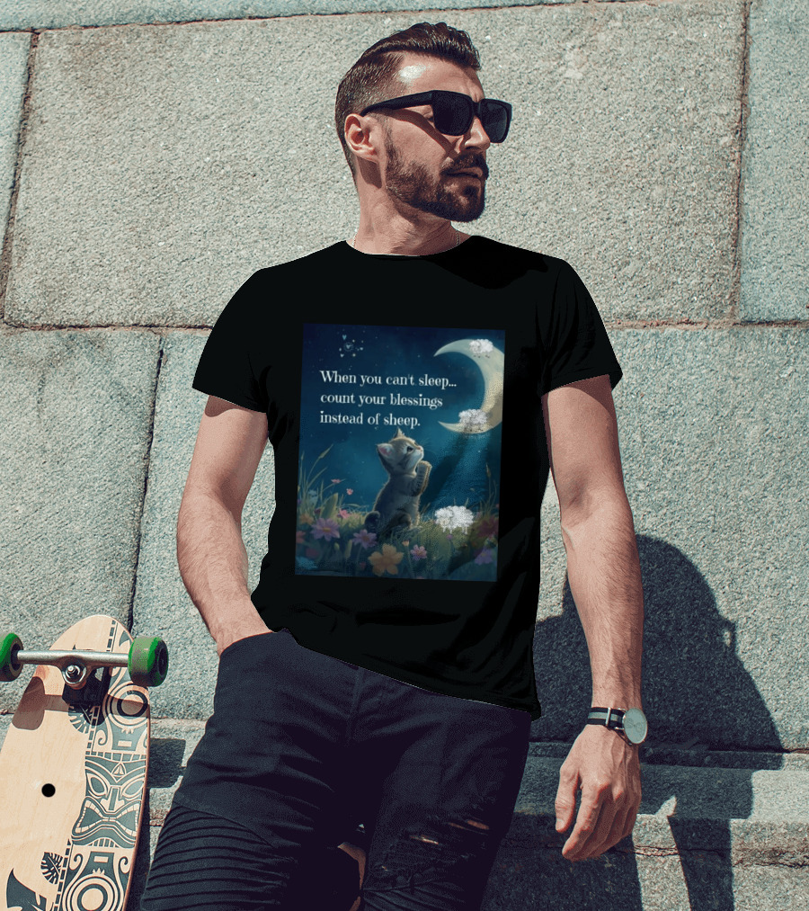 Cat When You Can't Sleep Count Your Blessings Instead Of Sheep Healing Vibes Moon Sheep Flowers T-Shirt