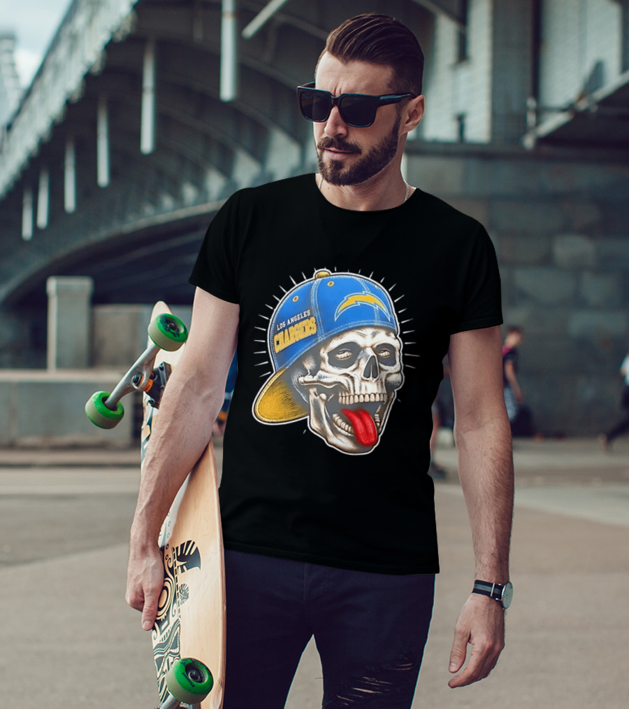 Los Angeles Chargers Skull Tongue Out Cap Football T-Shirt