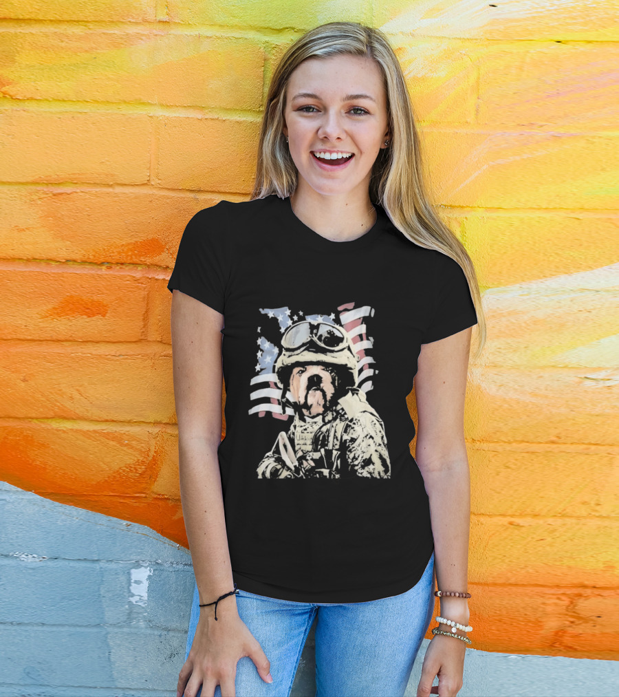 American Bulldog Soldier With United States Flag Goggles And Military Gear T-Shirt