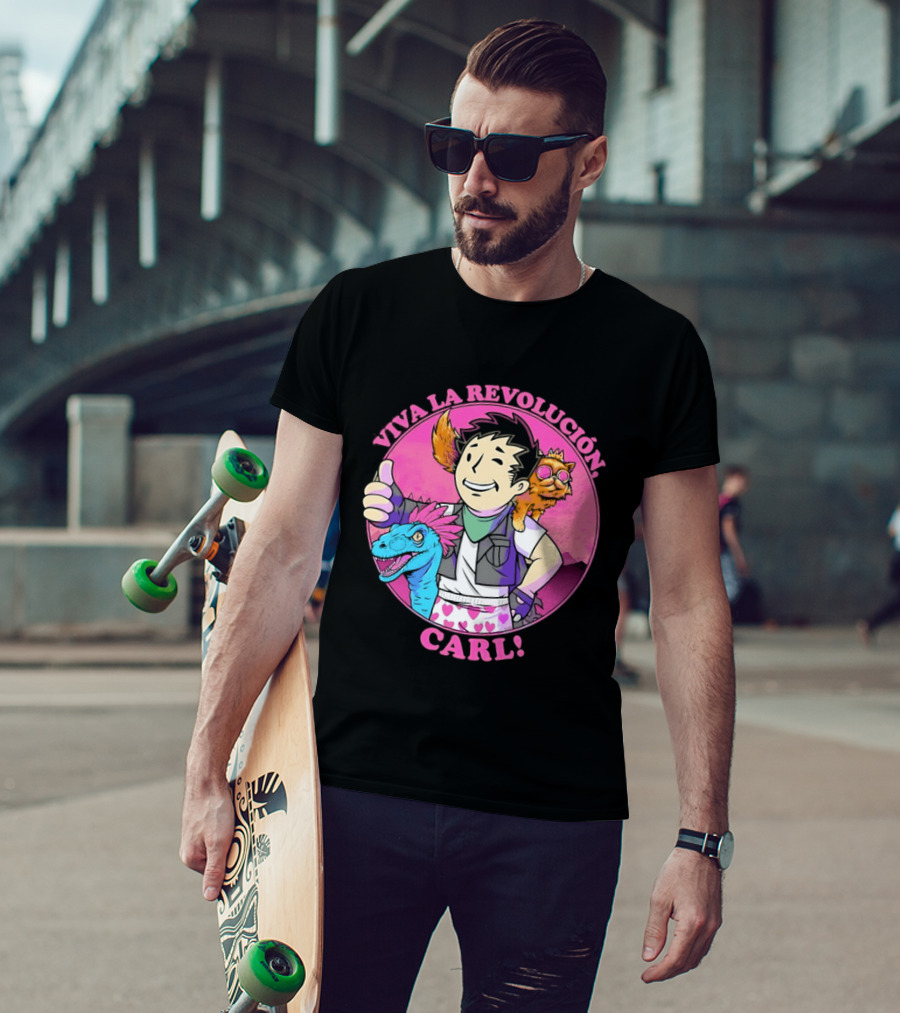 Viva La Revolución Carl Fallout Vault Boy Dinosaur Cat T-Shirt
