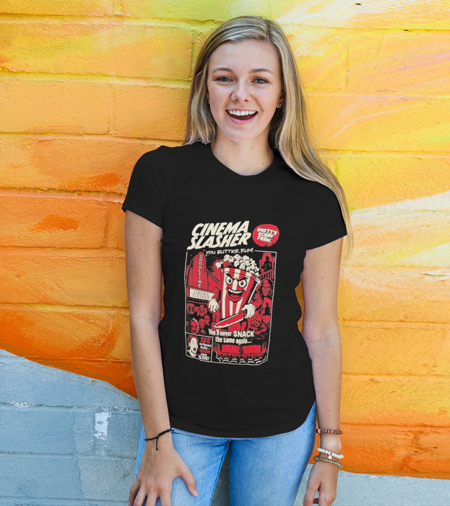 Cinema Slasher You Butter Run Knott's Scary Farm Popcorn Bucket Of Doom T-Shirt
