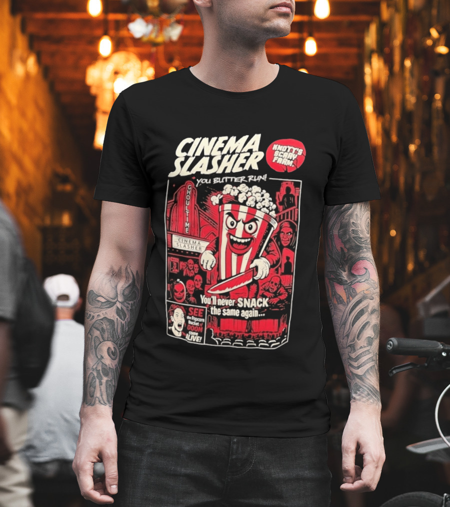 Cinema Slasher You Butter Run Knott's Scary Farm Popcorn Bucket Of Doom T-Shirt