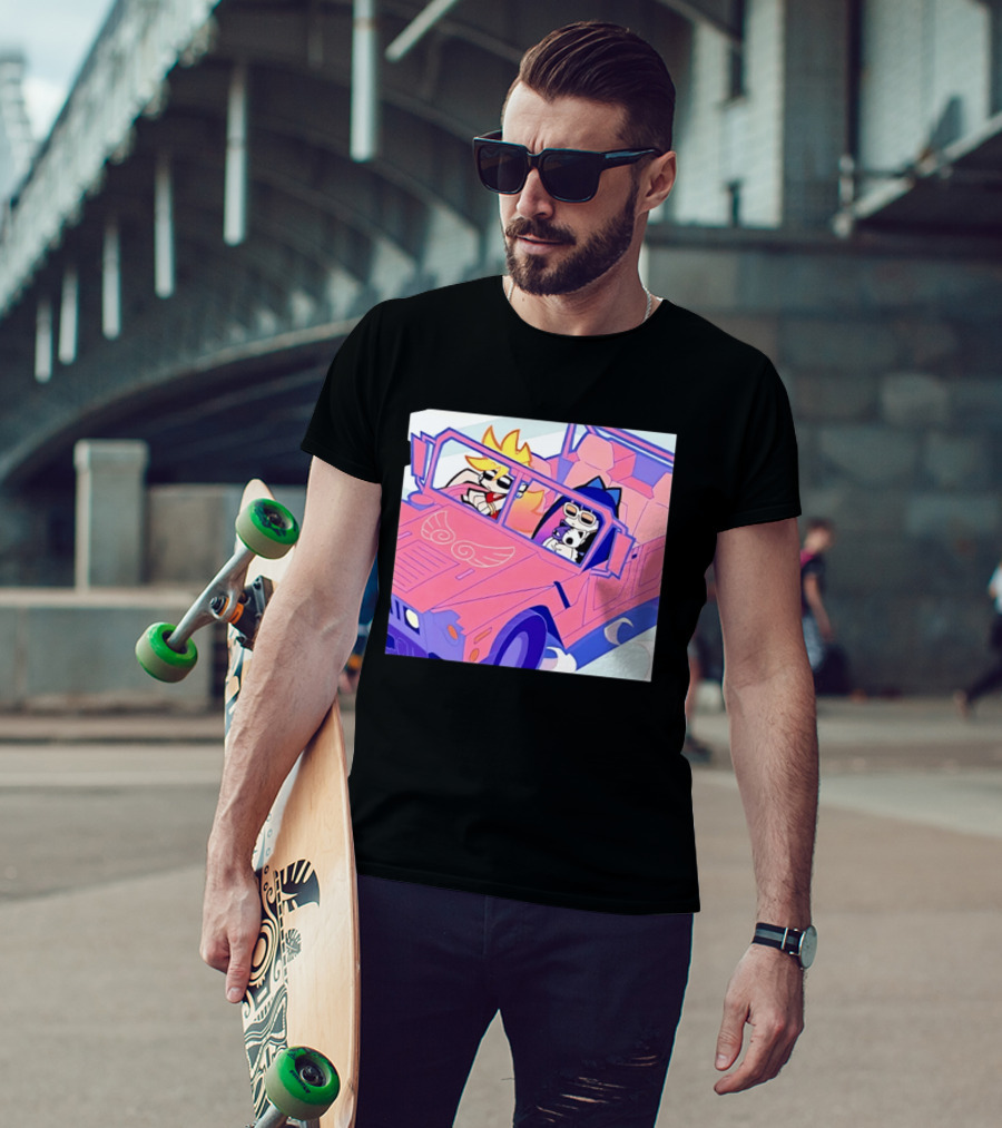 Panty And Stocking With Garterbelt Anime Characters Riding In Pink Car T-Shirt