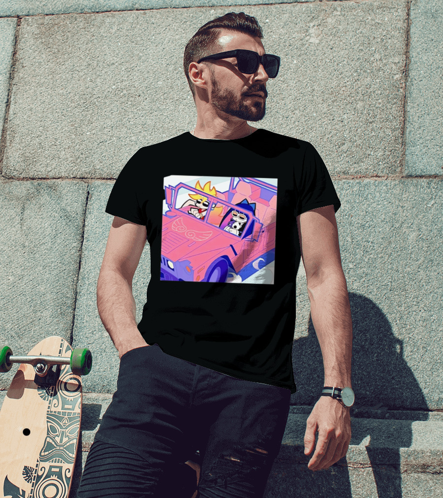 Panty And Stocking With Garterbelt Anime Characters Riding In Pink Car T-Shirt