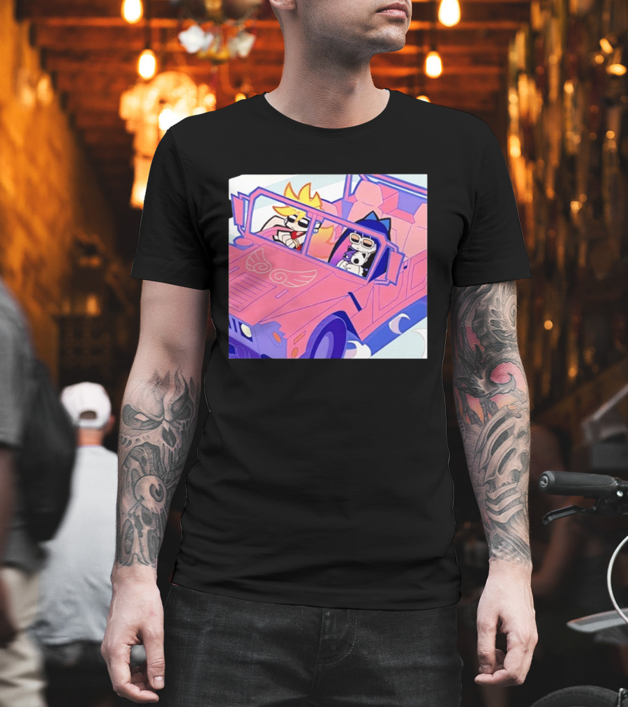 Panty And Stocking With Garterbelt Anime Characters Riding In Pink Car T-Shirt
